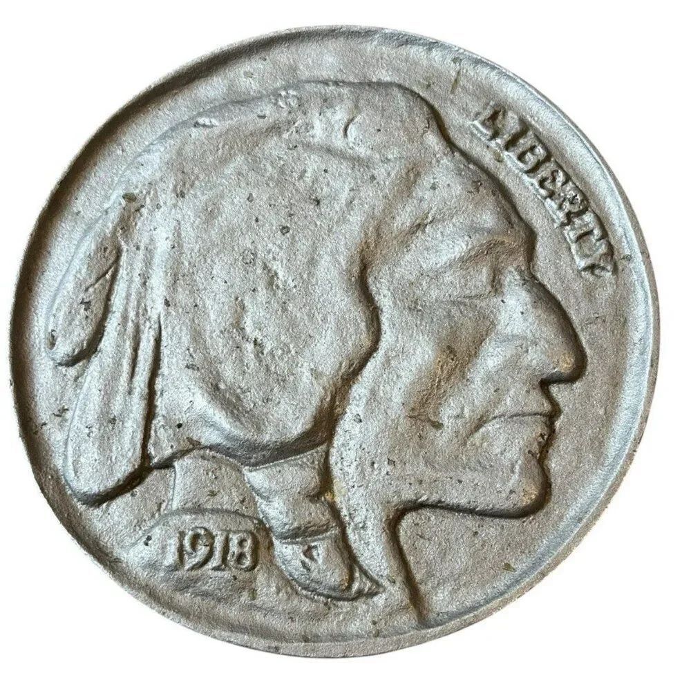 Vtg Large Heavy Metal Souvenir Paper Weight Liberty Buffalo Nickel 8 in round
